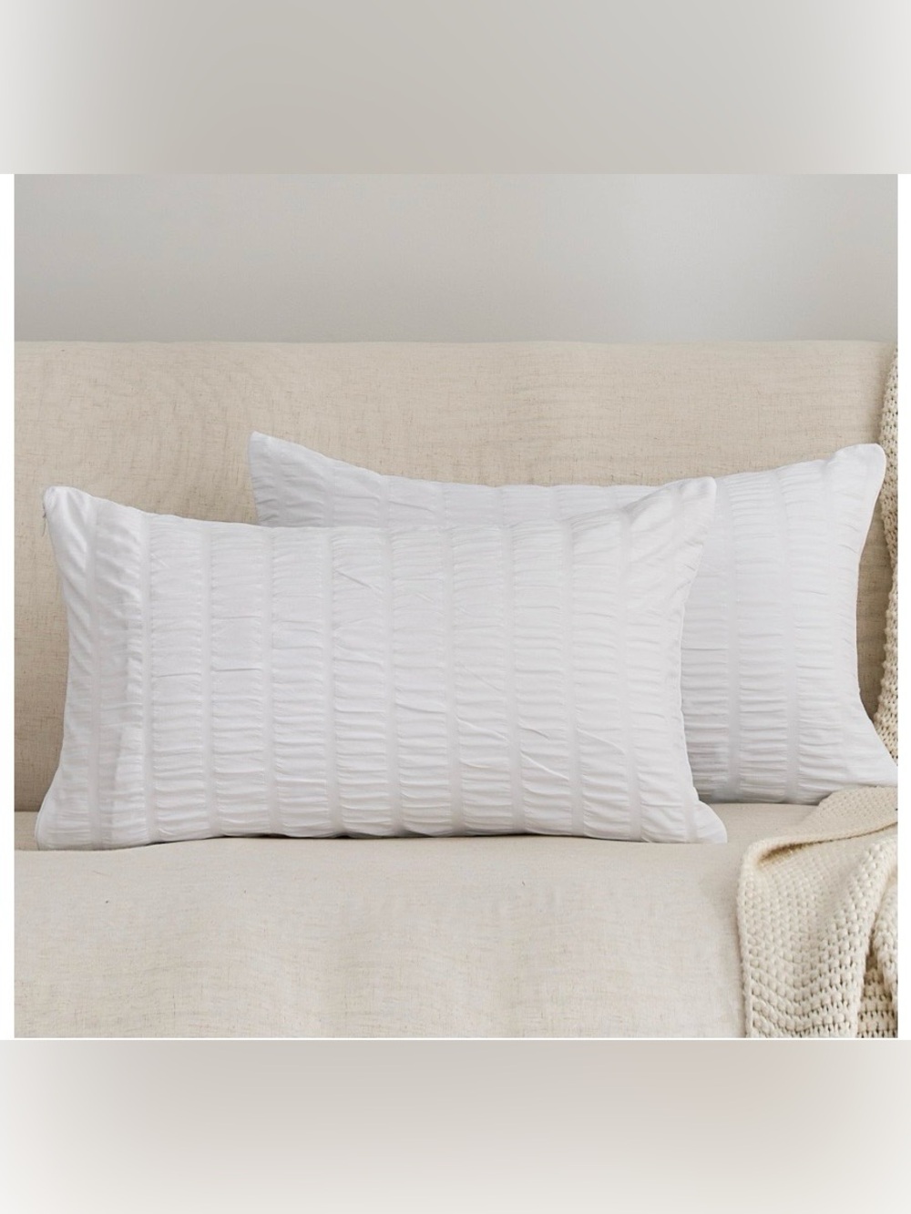 Seersucker Lumbar Pillow Covers 100% Microfiber 12x20” (2-Pack) WHITE